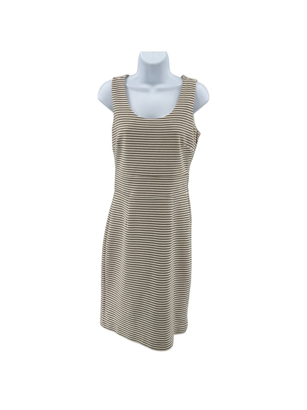 Banana Republic Sheath Dress WMNS 2 Cream Tan Striped Knit Scoop Neck Side Zip